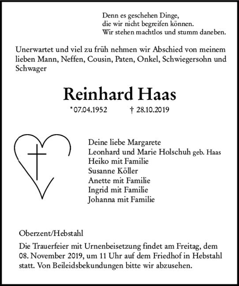  Traueranzeige für Reinhard Haas vom 06.11.2019 aus vrm-trauer