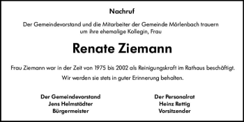 Traueranzeige von Renate Ziemann von vrm-trauer