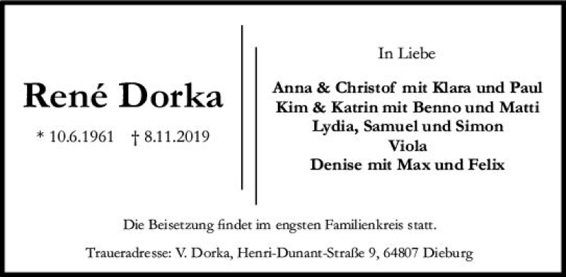  Traueranzeige für Rene Dorka vom 16.11.2019 aus vrm-trauer