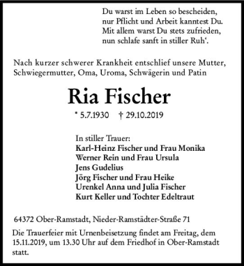 Traueranzeige von Ria Fischer von vrm-trauer