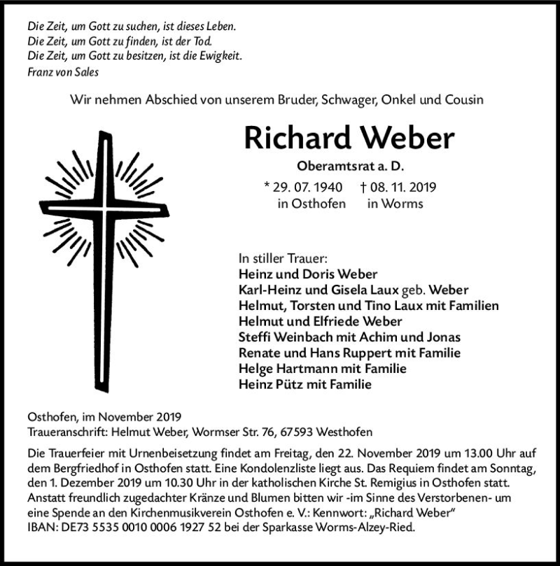  Traueranzeige für Richard Weber vom 18.11.2019 aus vrm-trauer