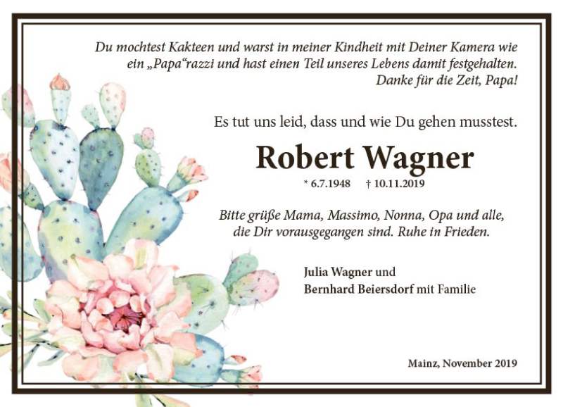  Traueranzeige für Robert Wagner vom 16.11.2019 aus vrm-trauer
