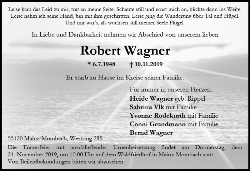  Traueranzeige für Robert Wagner vom 16.11.2019 aus vrm-trauer
