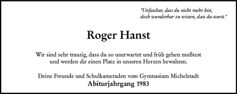  Traueranzeige für Roger Hanst vom 02.11.2019 aus vrm-trauer