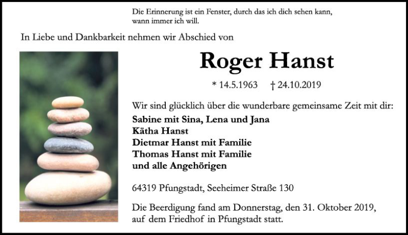  Traueranzeige für Roger Hanst vom 02.11.2019 aus vrm-trauer