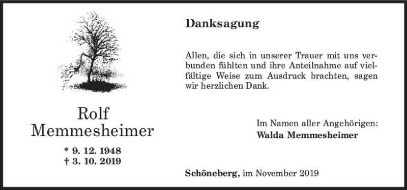  Traueranzeige für Rolf Memmesheimer vom 27.11.2019 aus vrm-trauer
