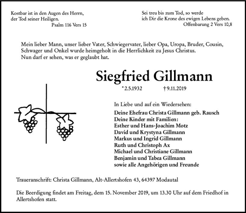  Traueranzeige für Siegfried Gillmann vom 13.11.2019 aus vrm-trauer