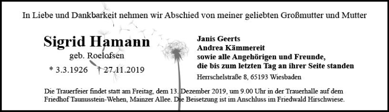  Traueranzeige für Sigrid Hamann vom 30.11.2019 aus vrm-trauer