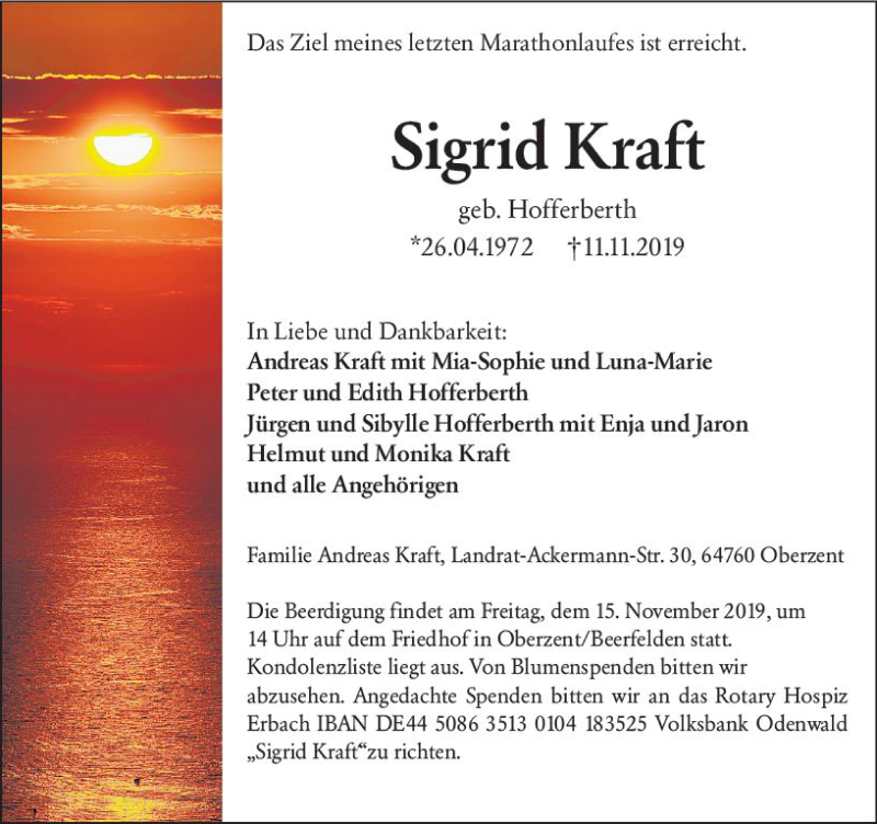  Traueranzeige für Sigrid Kraft vom 13.11.2019 aus vrm-trauer