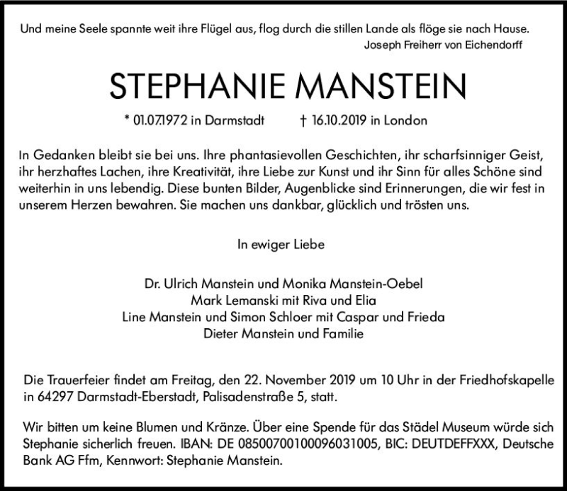  Traueranzeige für Stephanie Manstein vom 16.11.2019 aus vrm-trauer