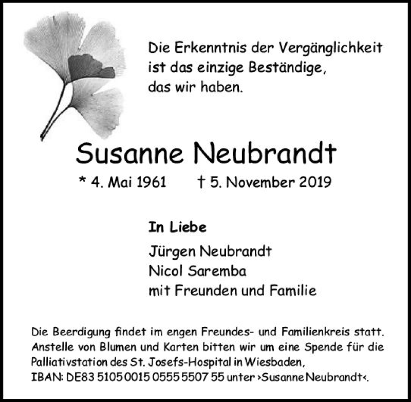  Traueranzeige für Susanne Neubrandt vom 09.11.2019 aus vrm-trauer