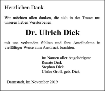 Traueranzeige von Ulrich Dick von vrm-trauer