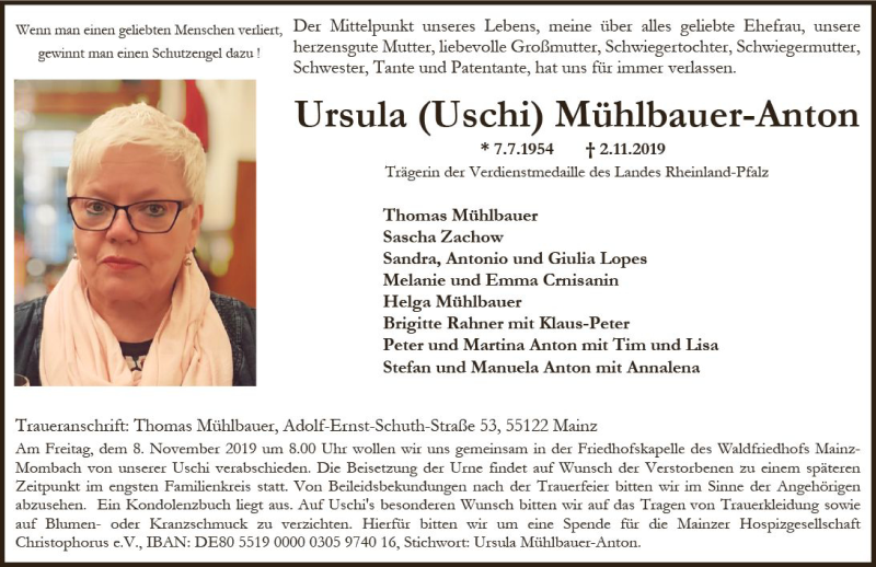  Traueranzeige für Ursula Mühlbauer-Anton vom 06.11.2019 aus vrm-trauer