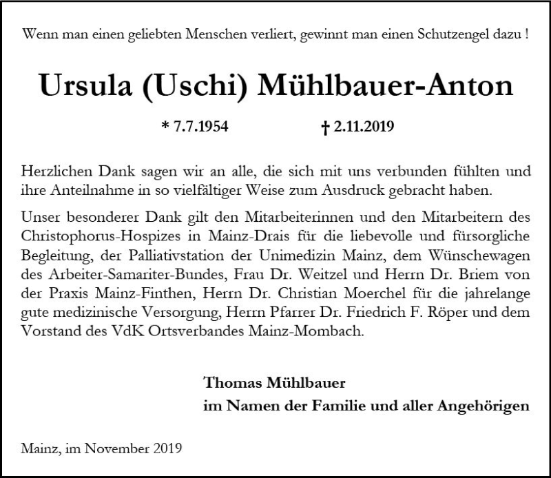  Traueranzeige für Ursula Mühlbauer-Anton vom 30.11.2019 aus vrm-trauer
