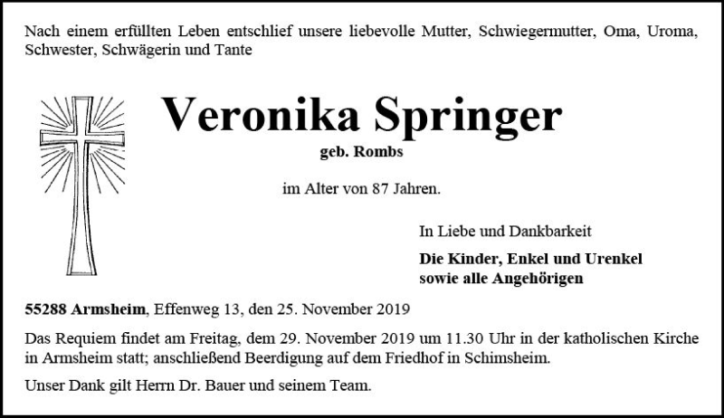  Traueranzeige für Veronika Springer vom 27.11.2019 aus vrm-trauer