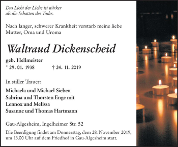 Traueranzeige von Waltraud Dickenscheid von vrm-trauer