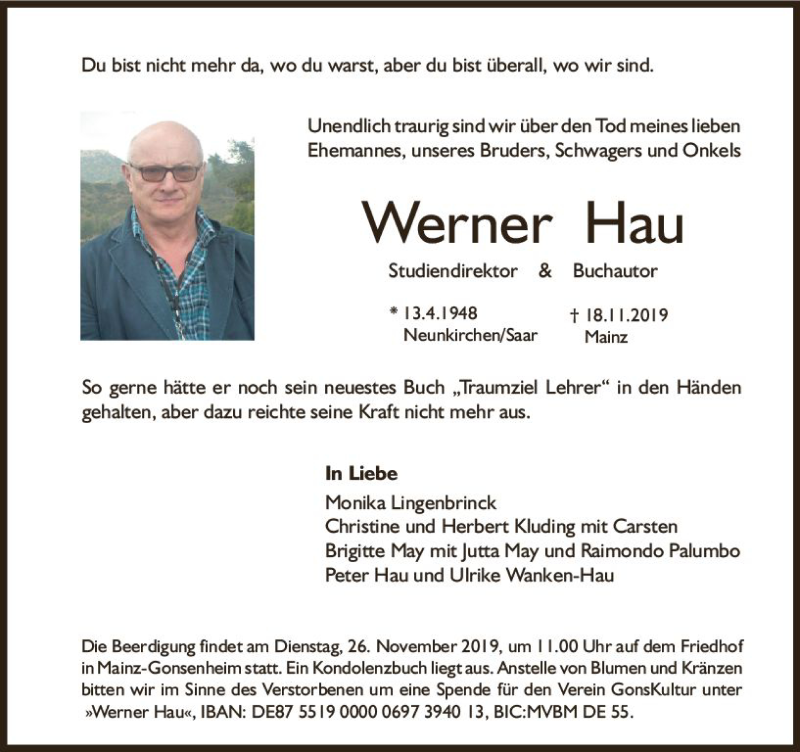  Traueranzeige für Werner Hau vom 23.11.2019 aus vrm-trauer