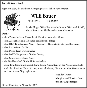 Traueranzeige von Willi Bauer von vrm-trauer