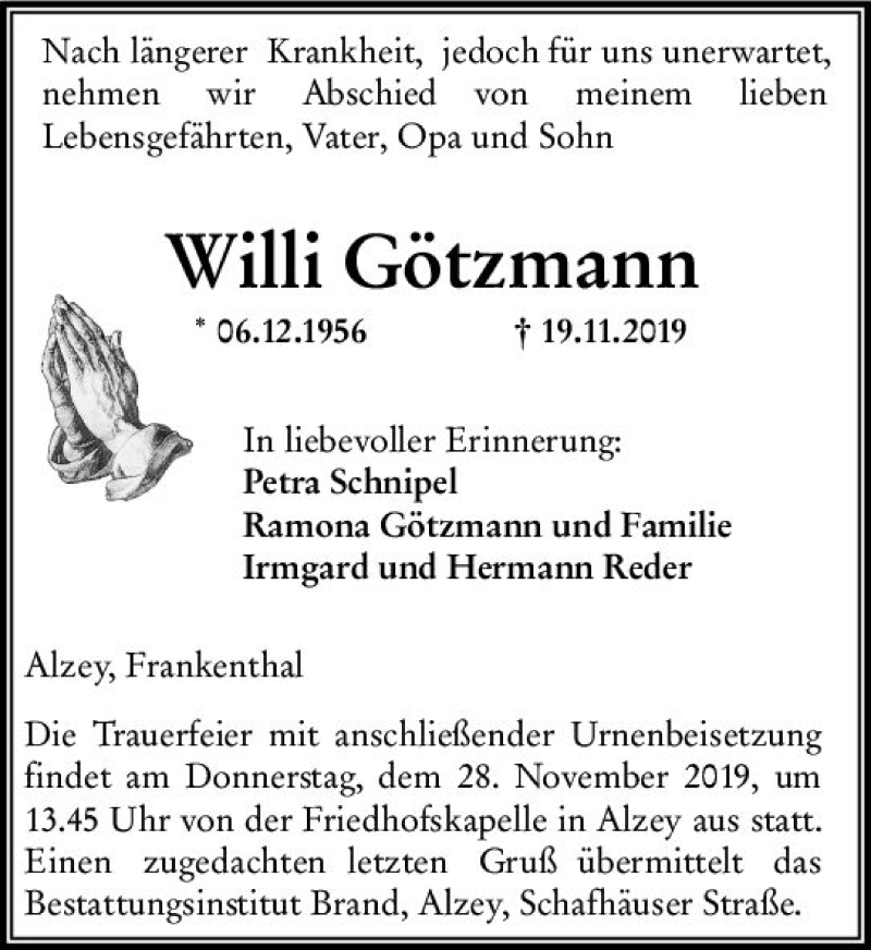  Traueranzeige für Willi Götzmann vom 23.11.2019 aus vrm-trauer