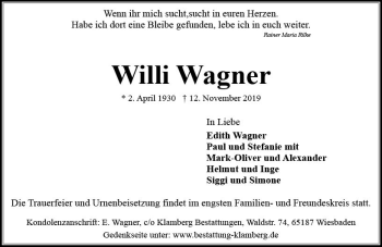 Traueranzeige von Willi Wagner von vrm-trauer