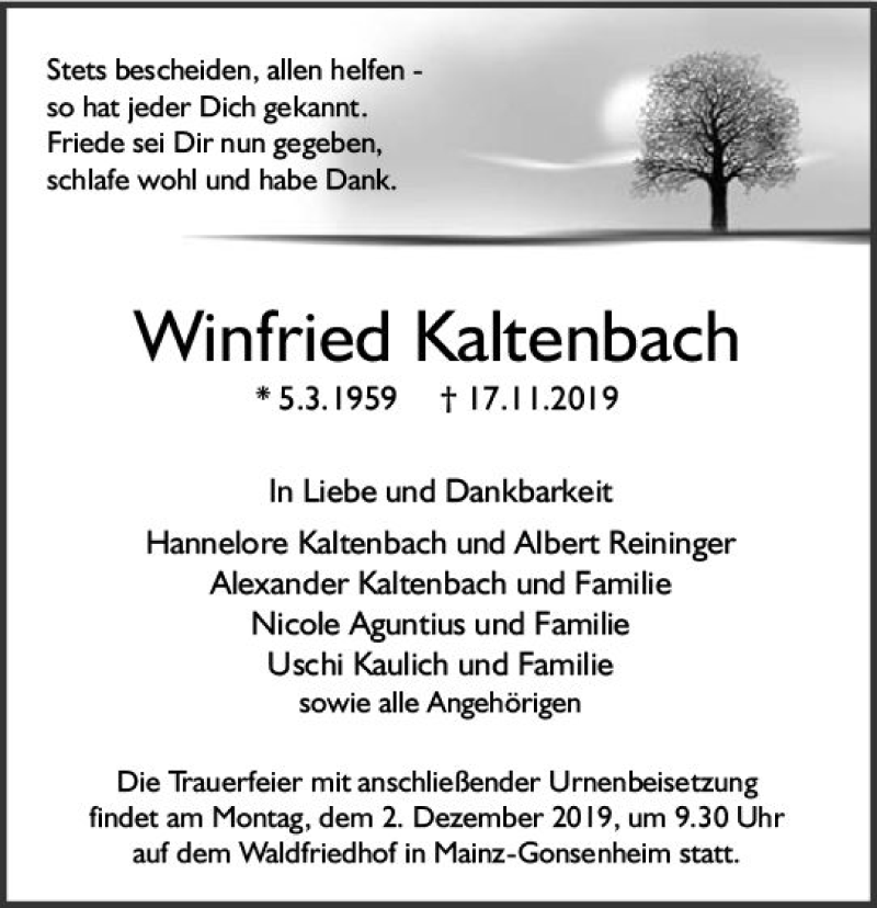  Traueranzeige für Winfried Kaltenbach vom 23.11.2019 aus vrm-trauer