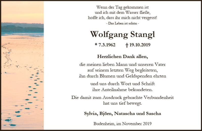  Traueranzeige für Wolfgang Stangl vom 16.11.2019 aus vrm-trauer