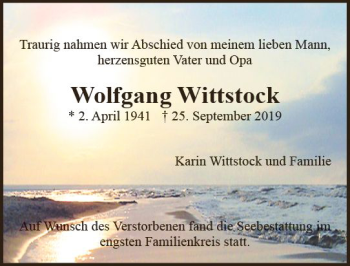 Traueranzeige von Wolfgang Wittstock von vrm-trauer