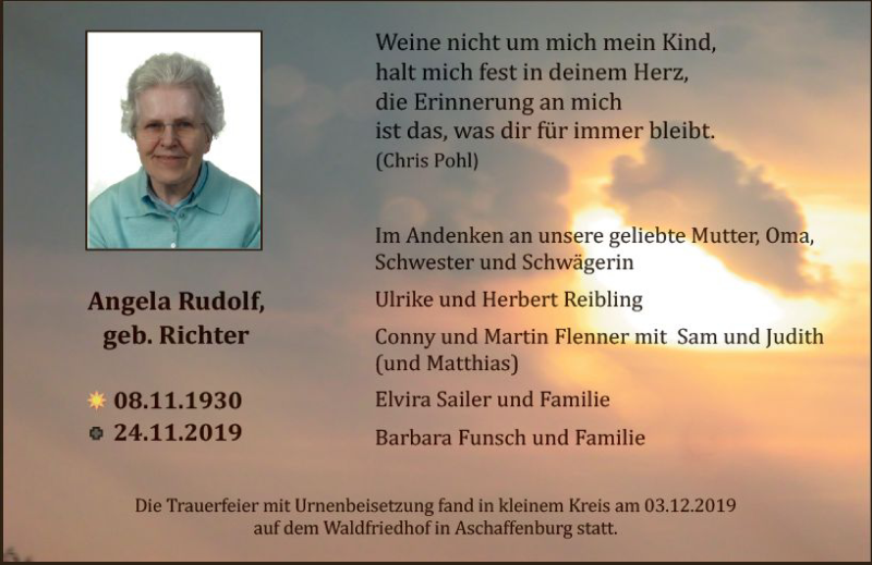  Traueranzeige für Angela Rudolf vom 07.12.2019 aus vrm-trauer