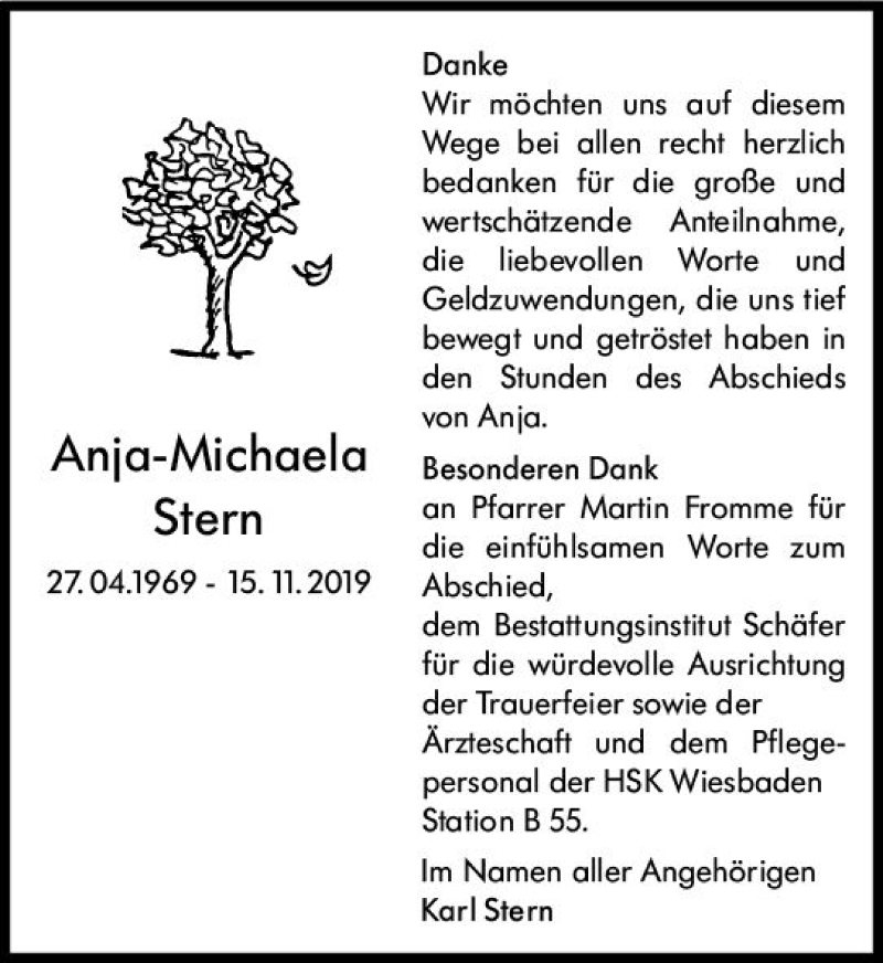  Traueranzeige für Anja-Michaela Stern vom 14.12.2019 aus vrm-trauer
