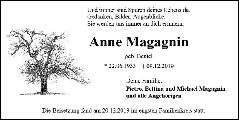  Traueranzeige für Anne Magagnin vom 28.12.2019 aus vrm-trauer