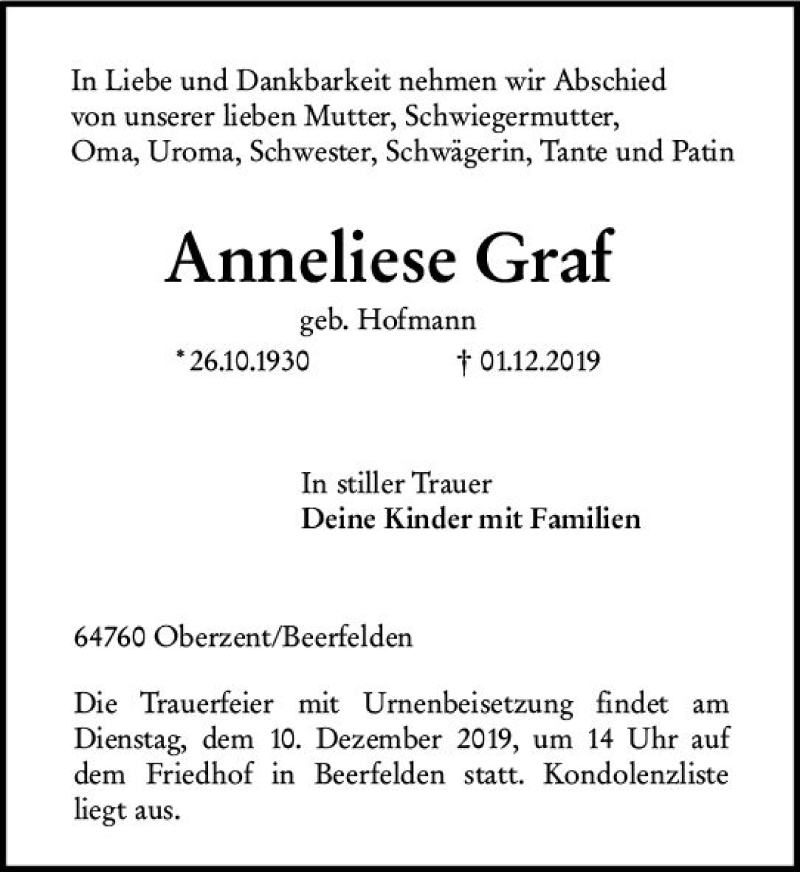  Traueranzeige für Anneliese Graf vom 07.12.2019 aus vrm-trauer