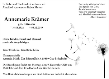 Traueranzeige von Annemarie Krämer von vrm-trauer