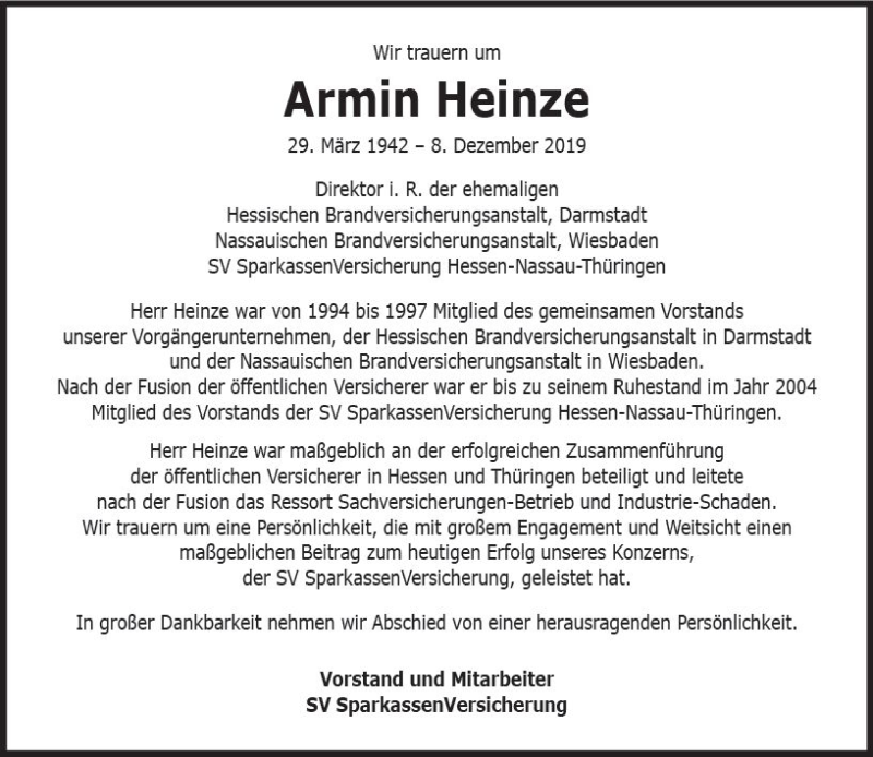  Traueranzeige für Armin Heinze vom 19.12.2019 aus vrm-trauer