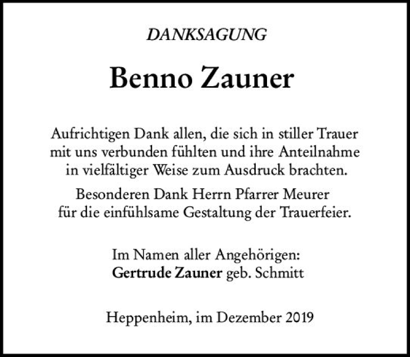  Traueranzeige für Benno Zauner vom 14.12.2019 aus vrm-trauer