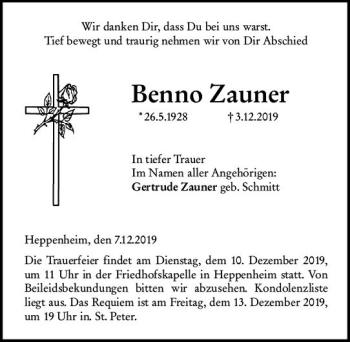 Traueranzeige von Benno Zauner von vrm-trauer