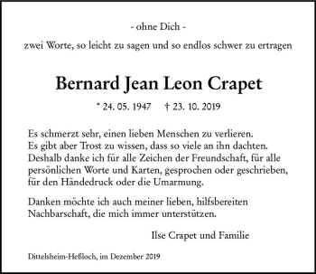 Traueranzeige von Bernard Jean Leon Crapet von vrm-trauer
