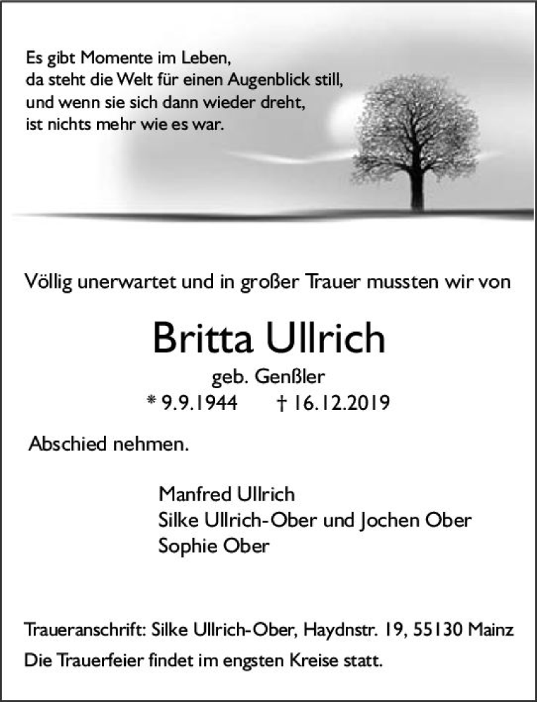  Traueranzeige für Britta Ullrich vom 21.12.2019 aus vrm-trauer