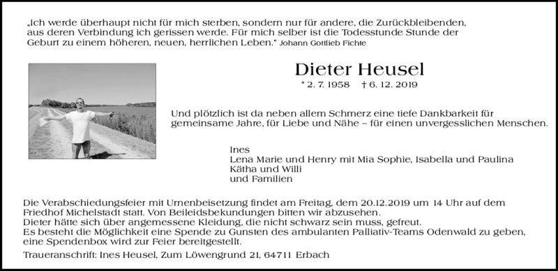  Traueranzeige für Dieter Heuset vom 14.12.2019 aus vrm-trauer