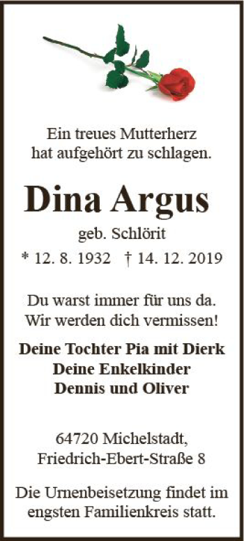 Traueranzeige von Dina Argus von vrm-trauer