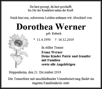 Traueranzeige von Dorothea Werner von vrm-trauer