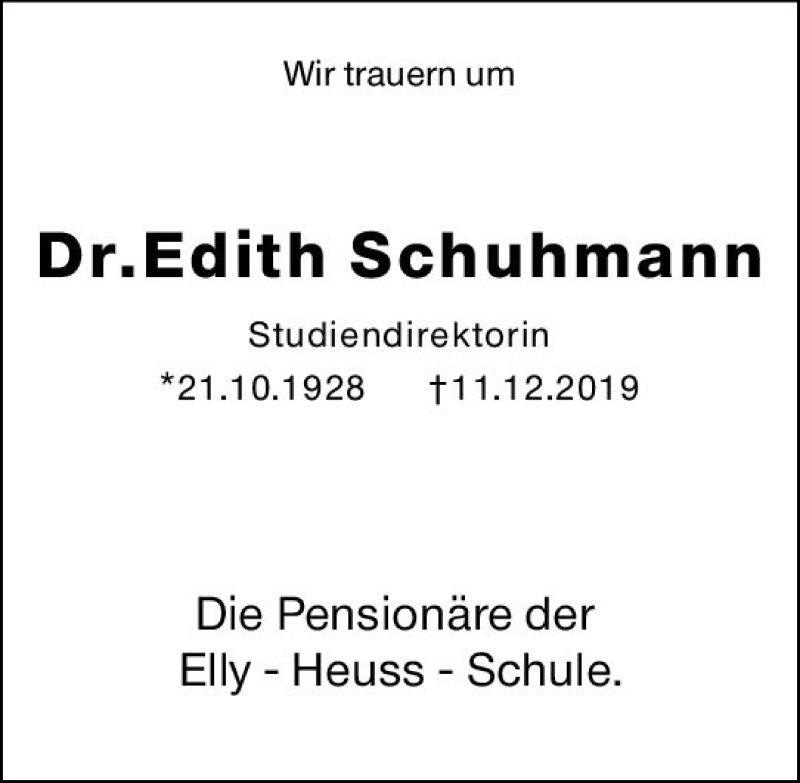  Traueranzeige für Edith Schuhmann vom 28.12.2019 aus vrm-trauer