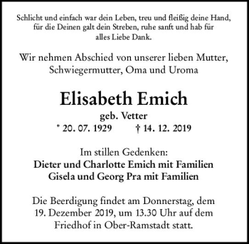 Traueranzeige von Elisabeth Emich von vrm-trauer