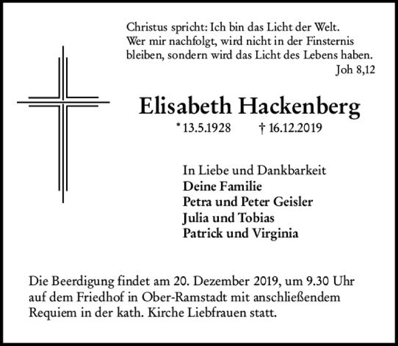  Traueranzeige für Elisabeth Hackenberg vom 18.12.2019 aus vrm-trauer
