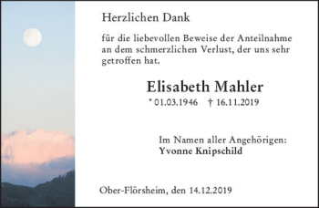 Traueranzeige von Elisabeth Mahler von vrm-trauer