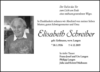 Traueranzeige von Elisabeth Schreiber von vrm-trauer