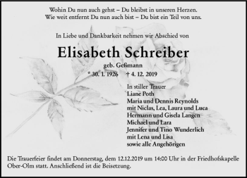 Traueranzeige von Elisabeth Schreiber von vrm-trauer