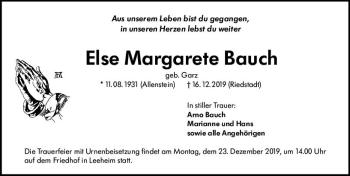 Traueranzeige von Else Margarete Bauch von vrm-trauer