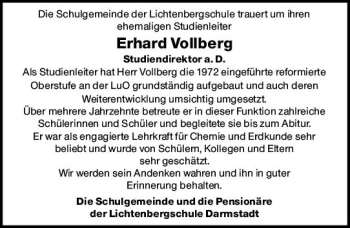 Traueranzeige von Erhard Vollberg von vrm-trauer