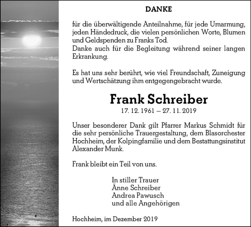  Traueranzeige für Frank Schreiber vom 20.12.2019 aus vrm-trauer