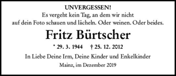 Traueranzeige von Fritz Bürtscher von vrm-trauer